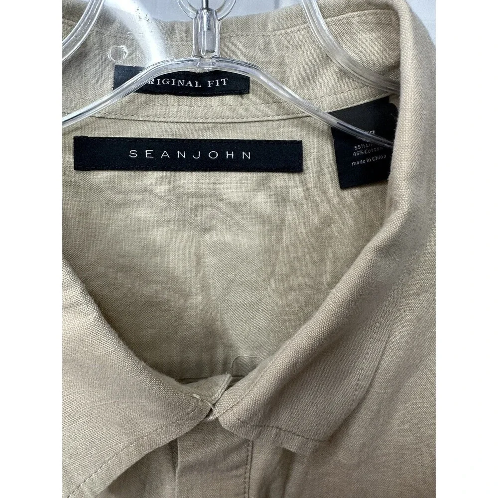 Sean John Shirt Men Size 3XB Khaki Collared‎ Short Sleeve Pockets Button-Up